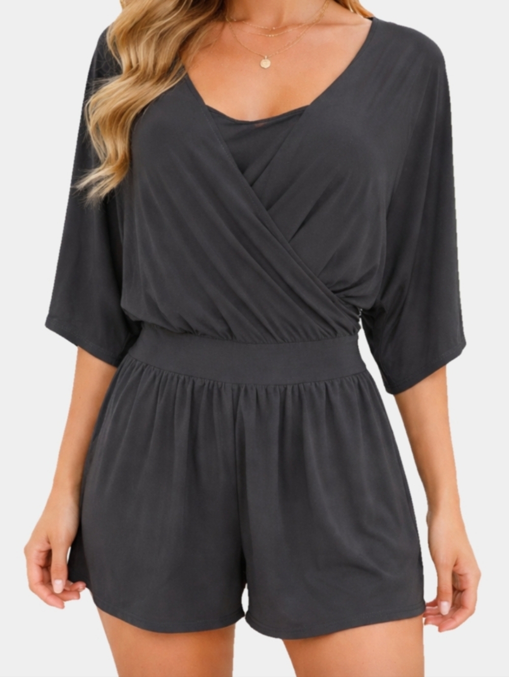 Whitehouse Blackmarket 1/4 Sleeve Surplice Front Built-In Cami Romper Size M